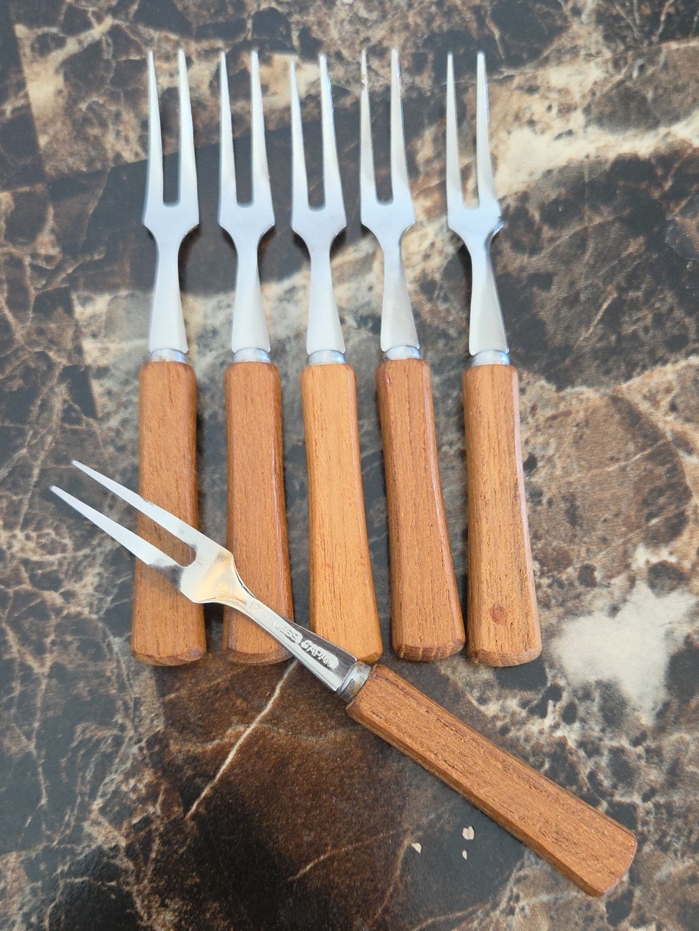 ​Vintage MCM Teak Wood Cocktail Appetizer Forks Set of 6 Stainless Japan Boxed